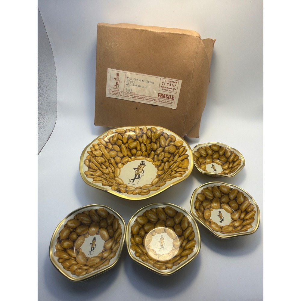 Vintage Planters Mr Peanut Tin Nut Dish Set 5pc with Original Mailing Box